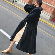 여성 모피 겨울 롱 밍크 롱 코트 허리끈 화이트 살구 블랙