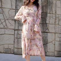 핑크 큰 꽃무늬 원피스 롱 편안한 벚꽃놀이 빈티지 룩 캉캉 쉬폰