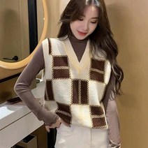 여성 체크 무늬 브이넥 니트 조끼 하늘비즈 A31 S884E182