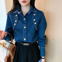 라오농 여성용 느슨한 패션 캐주얼 셔츠 빈티지 데님 셔츠 +02YdELL