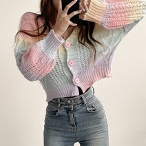 입꼬 하이틴 브이넥 레인보우 물나염 니트 가디건