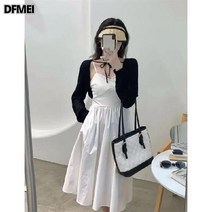 DFMEI 봄 심플한 코디 니트 가디건+나시 블랙 원피스 투피스