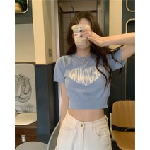 여성 반팔 라운드 크롭 니트티 디자인 센스 러브 프린트 레터 니트 티셔츠 블랙 보텀