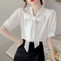 스타일아유 여성 우아한 여신 체크 리본 타이 반팔 여름 블라우스 오피스룩 하객룩