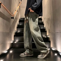 트렌드 심플한 남성 캐주얼 격자 무늬 스트리트웨어 자수 데님 루즈 스트레이트 클래식 와이드 레그 레트로 바지