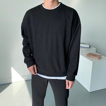 (1+1)로인드 맨투맨 오버핏 긴팔 면 티 라운드 커플 시밀러 룩 티셔츠 봄 가을 남자 옷 코디