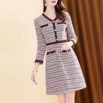 카라형 V넥 허리셔링 트위드 결혼식 하객 원피스 L692