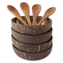 코코넛 그릇 및 숟가락 세트 샐러드 스무디 믹싱 디저트 과일 아이스크림 스낵 그릇 주방 식사 4 세트, 하나, 나무 색깔