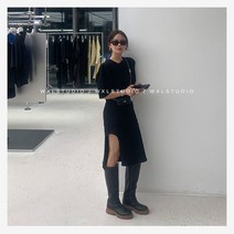 언발란스원피스 WXLSTUDIO 숏 매너 여성 봄 여름 옆트임 슬릿 블랙 헵번풍 리시안시스 2582370729