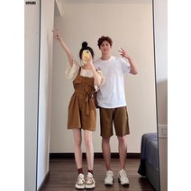 DFMEI 커플 여름 반팔 티셔츠 여 멜빵 반바지 투피스