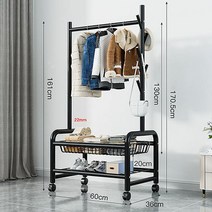 철제 스탠드 옷걸이 이동식 옷 행거 2단 수납 선반, 2단 블랙 길이 60cm, 대담하고 두꺼운 22 파이프 직경