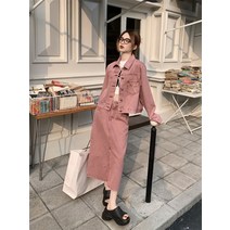 리얼 샷 실제 가격 ~ 드라이 로즈 파우더 데님 정장 코트 하프 길이 스커트