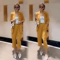 크롭자켓세트 린정장세트 여자린넨셋업 여름 패션 우아한 여성의 바지 캐주얼 바지 세미정장