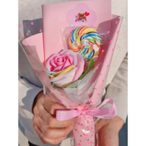 사랑스러운 파스텔 무지개장미 사탕꽃다발 비누꽃 기념일 생일선물, 미니무지개장미+롤리팝사탕꽃다발(분홍포장)