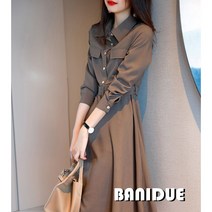 [바니드] 여성의류 모던 벨티드 셔츠카라 A라인 원피스 봄가을 긴팔 0748