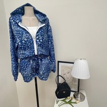 하리몽드 여성 꾸안꾸 페이즐리 패턴 블루 크롭 후드집업 밴딩 반바지 투피스 트레이닝복 세트