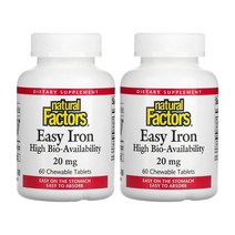 내추럴팩터스 Natural Factors Easy Iron 철분 20mg 60츄어블정 2개 SunActive 피로인산 제이철 제2철 스테비아 잎