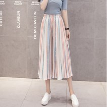 드레이프 쉬폰 팬츠 플리츠 와이드 여성 여름 칠부 루즈핏 얇은 줄무늬 캐주얼 9부 스커트