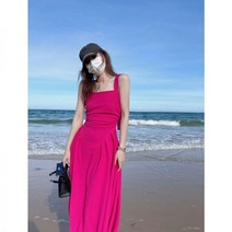 여성 여름 핫핑크 프렌치 어깨 끈나시 바캉스 원피스 해변 리조트룩 롱 셔링 스커트