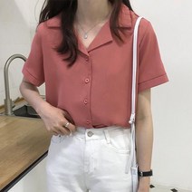 면접 정장 블라우스 흰색 여성 화이트 쉬폰 셔츠 봄 턴 다운 칼라 반팔 버튼 루즈 상의 XMM