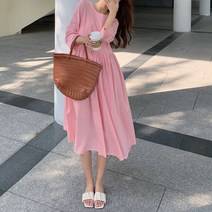 잇츠스타일 루즈핏 7부 소매 린넨 핑크 원피스 66 77