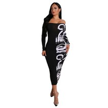 여성 추상 문자 인쇄 캐주얼 맥시 드레스 오프 숄더 Bodycon 긴 파티 드레스 고급스러운 교회 드레스