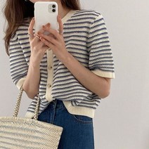 간절기아우터 봄자켓 카디건 여성 여름 통기성 우아한 줄무늬 유행 새로운 싱글 브레스트 짧은 소매 니트 점퍼 여성 o-넥 부드러운 bf