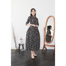 생활한복 원피스 평면패턴 7부소매 딥그린 엔틱밀짚꽃 철릭원피스