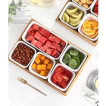 룰루홈 도자기 나눔 접시 우드 트레이 칸칸 식기 브런치 반찬 그릇, 정사각2&직사각1