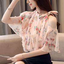 여성 오픈숄더티 오프숄더 블라우스 프릴쉬폰 하늘비즈 C31 N196S748