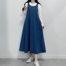 매일리룩 사이즈넉넉 소녀 감성 뷔스티에 데님 리본 멜빵 플레어 원피스