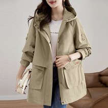 여성 오버핏 후드 점퍼 툴링 트렌치 코트 봄과 가 중간 길이 스타일 2023 대형 캐주얼 파카 자켓