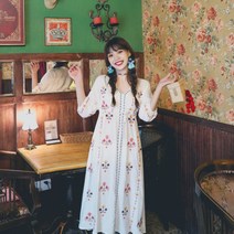 에스닉 롱 원피스 바캉스 룩 긴 드레스 보헤미안 집시 꽃무늬 플라워 브이넥 빅사이즈