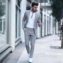 남성용 슬림핏 피크 라펠 재킷 및 바지 캐주얼 비즈니스 정장 웨딩 수트 턱시도, S, light gray