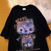 산리오티셔츠 산리오-헬로 키티 탑 스트리트웨어 루즈한 블라우스 하라주쿠 힙합 다크 빈티지 남성 및 여성 커플 여름 반팔 티셔츠