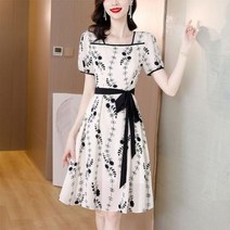 셀프웨딩드레스 2부드레스 대여 우아한 스퀘어 칼라 프린트 라인 허리 미디 드레스 여성용 밴디지 보우 통근복 공장 패션 여름 dress