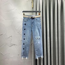 도매텍 드레스코드 애드립청바지 동대문 청바지 수 놓은 사랑 찢어진 스트레이트 여성 여름 높은 허리 슬리밍 카프리 파이프 팬츠