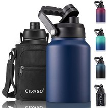 CIVAGO 1.9L(0.5갤런) 단열 물병 저그 1.9L(64온스) 스테인리스 스틸 스포츠 워터 플라스크 대형 금속 물통 그라울러 캐리어 백 및 핸들 포함 블랙, .Navy Blue_128 oz