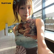 서울빈티지샵 스트릿웨어 Karrram Y2k 미학 탱크 탑 2000s 하라주쿠 크롭 Kawaii E-girls 패치 워크 메쉬 빈티지 르네상스 프린트 쉬어