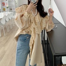 [랜덤플레이]펀칭 레이스 플라워 프릴 루즈핏 벌룬 블라우스