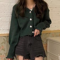 그린색 크롭 니트 스웨터 버튼 크롭티 숏가디건 코디
