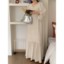 초가을 심플 무지 퍼프 긴팔 V넥 롱 원피스 rx00149