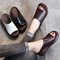 Prosekor 여성 가죽 웨지힐 슬리퍼 통굽 웨지힐 샌들 엄마 슈즈 실내화