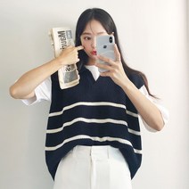 러브앤시티 간절기 여성 하찌헨리넥 조끼 단가라 카라 니트 베스트
