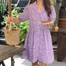 옷자락 [옷자락] 여자 플라워 버튼 플레어 미디 원피스