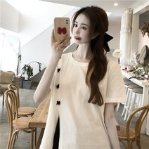 화이트 반팔 티셔츠 여자 여름 디자인 감각 소수 불규칙하고 헐렁한 트임 리본 상의