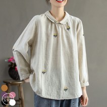 도오빠 여성 린넨 블라우스 셔츠 오버핏 긴팔 카라셔츠 자수 여자블라우스