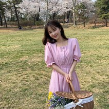 [키작녀추천/3col] 스퀘어넥 고방 체크 프릴 밴딩 롱 원피스 ops