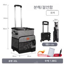 이동식 아이스박스 43L 접이식 손잡이 롤링 쿨러백 캠핑용 낚시 자동차 대용량 냉장 가방 트롤리 캠핑 신선 가방 바퀴달린 이동식, 실버43L탈착식