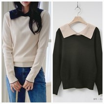 배색 이중 카라 골프 니트 티셔츠 여성 가을 겨울 봄